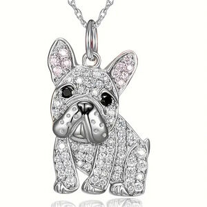 French Bulldog Necklace 19.5" Chain Dainty Frenchie Puppy Rhinestones Soft Girl